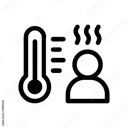 Sick person with fever, thermometer with high temperature, covid-19 virus symptom vector icon