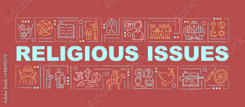 Religious issues word concepts banner. Misconceptions and discrimination. Infographics with linear icons on red background. Isolated typography. Vector outline RGB color illustration
