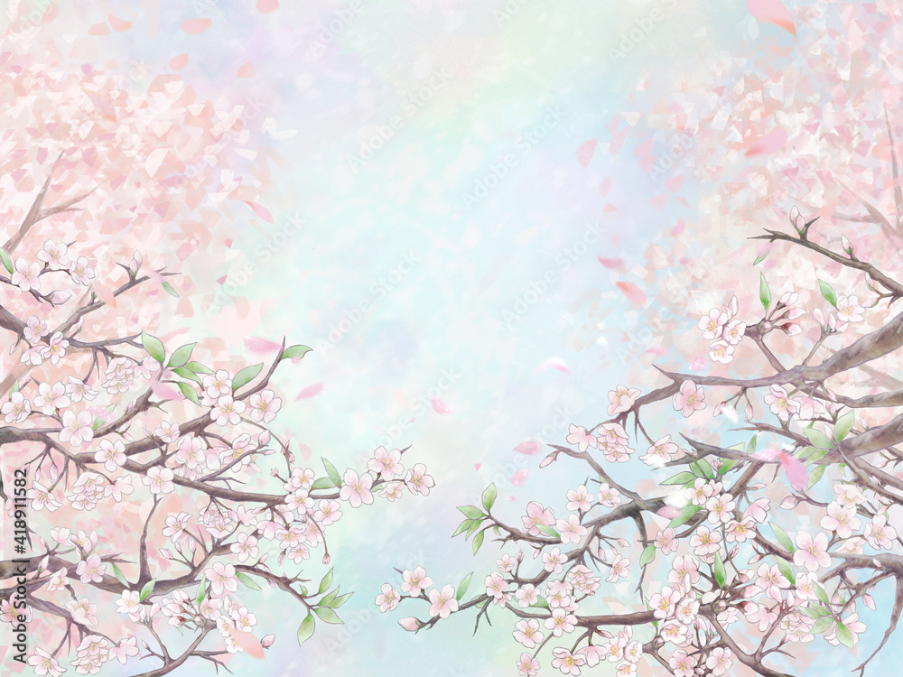 桜の並木背景イラスト1/カラー背景