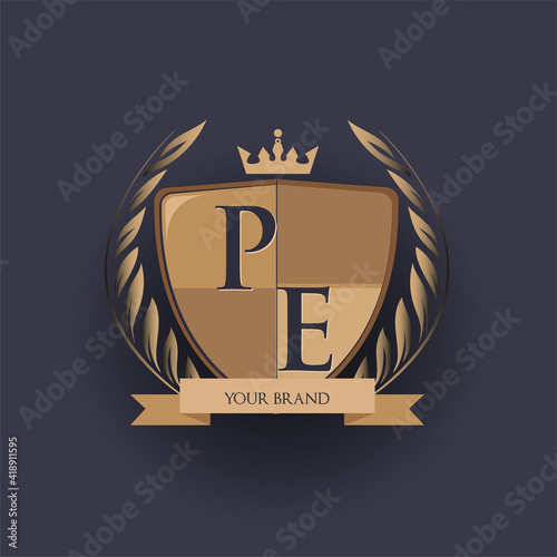 initial letter PE logotype colored brown and gold isolated with shield, crown and laurel design, logo for college and sport club.