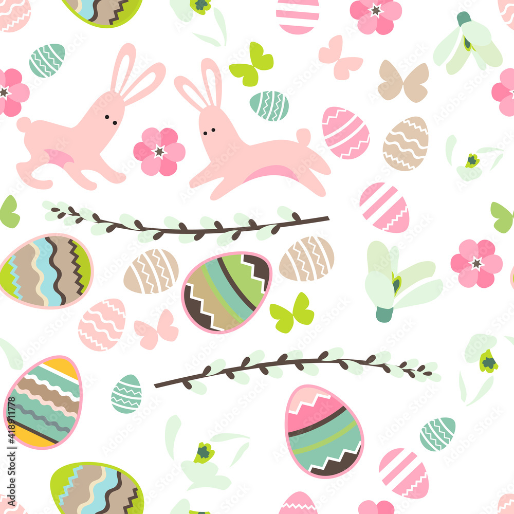 Seamless pattern with festive painted eggs, stylized flowers and pretty rabbits. Endless texture for your design. Seamless pattern with festive painted eggs, stylized flowers and pretty rabbits. Endless texture for your design.