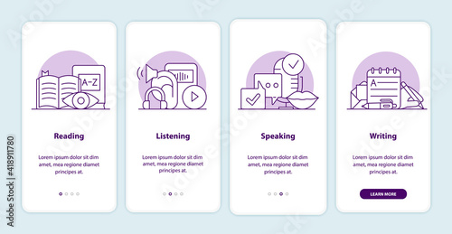 Language exam onboarding app screen pages. Smartphone application walkthrough with cartoon illustrations. Mobile UI template with 4 steps. User interface design with simple purple color concepts