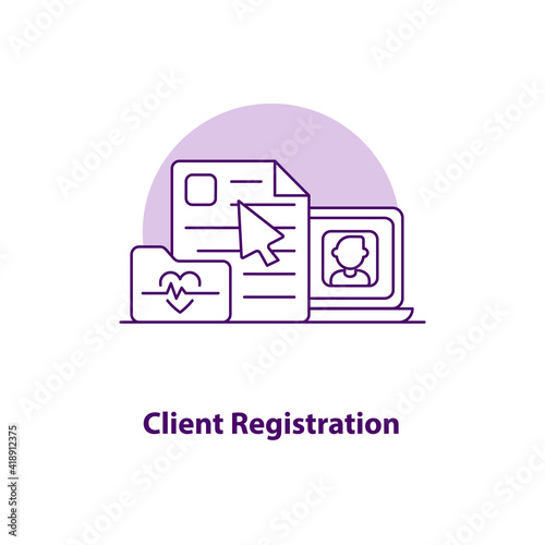 Client registration creative UI concept icon. Client registration online. Online doctor appointment abstract illustration. Isolated vector art for UX. Color graphic design element