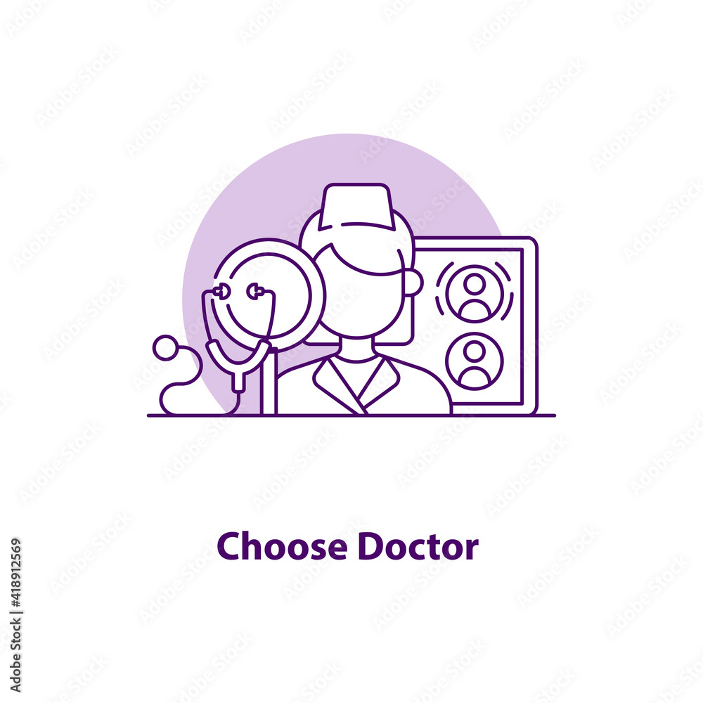 Choose doctor creative UI concept icon. Medical treatment. Medical service. Doctor online. Health care. Telemedicine abstract illustration Isolated vector art for UX. Color graphic design element Choose doctor creative UI concept icon. Medical treatment. Medical service. Doctor online. Health care. Telemedicine abstract illustration Isolated vector art for UX. Color graphic design element