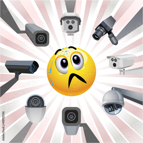 Smiley ball scared by monitoring system. Freaked out face of smiley surrounded by security cameras.