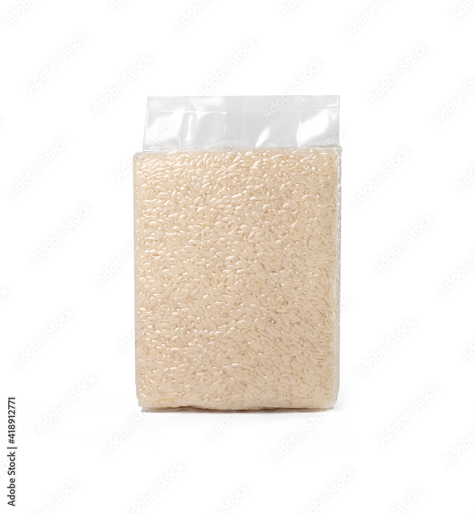 White Rice in transparent plastic vacuum sealed bag isolated on white