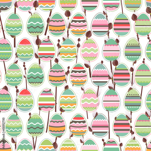 Seamless pattern with stylized pussy willow branches and painted eggs. Endless texture for your design.