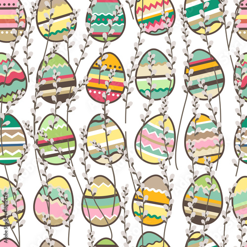 Seamless pattern with stylized pussy willow branches and painted eggs. Endless texture for your design.