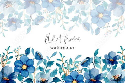 Blue floral frame with watercolor