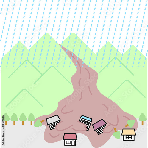 住居を土石流が押し流す土砂災害のイラスト