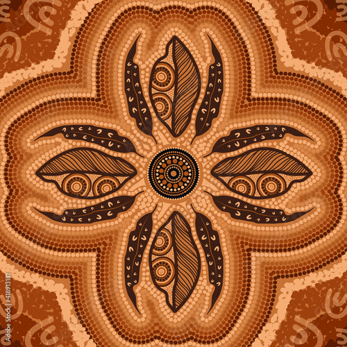 Aboriginal dot art painting with painted gum leaves