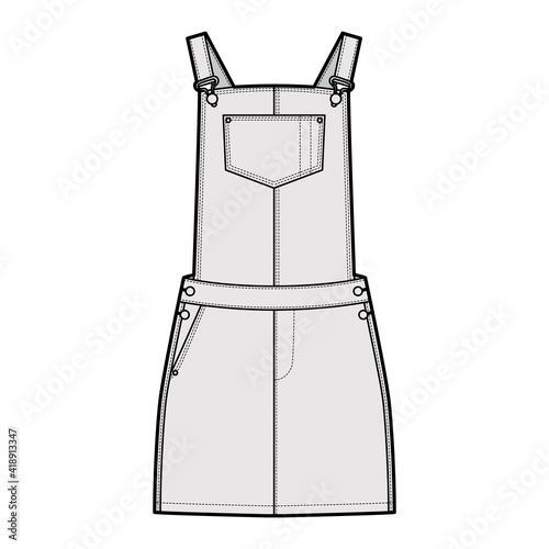 Dungaree dress Denim overall jumpsuit technical fashion illustration with mini length, normal waist, high rise, pockets, Rivets. Flat garment apparel front, grey color style. Women, unisex CAD mockup