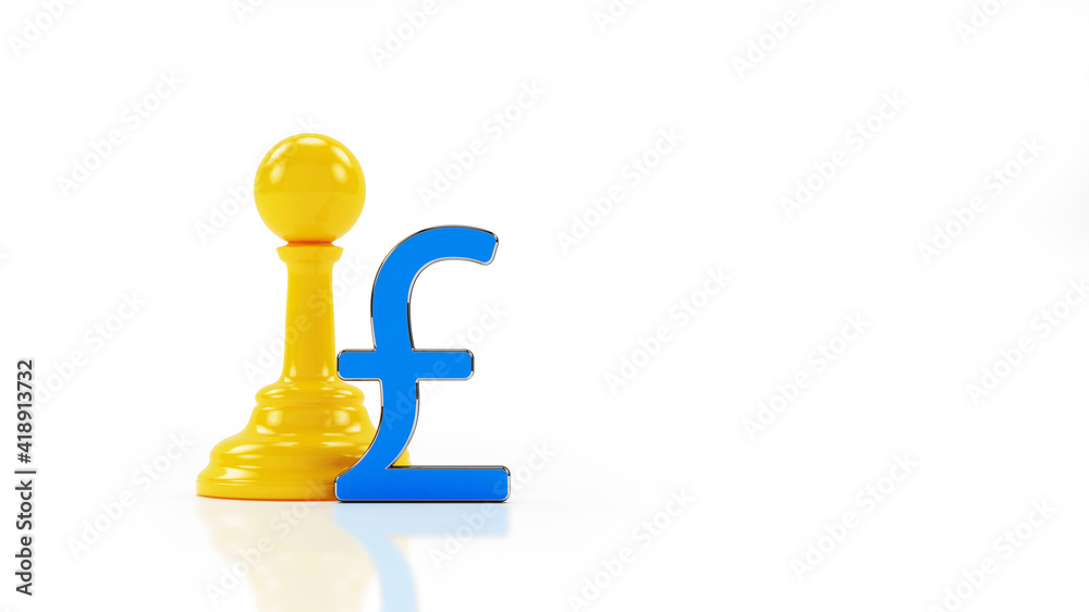 Finance concept yellow pawn and blue pound sign isolated on white background horizontal composition with copy space 3d rendering Finance concept yellow pawn and blue pound sign isolated on white background horizontal composition with copy space 3d rendering