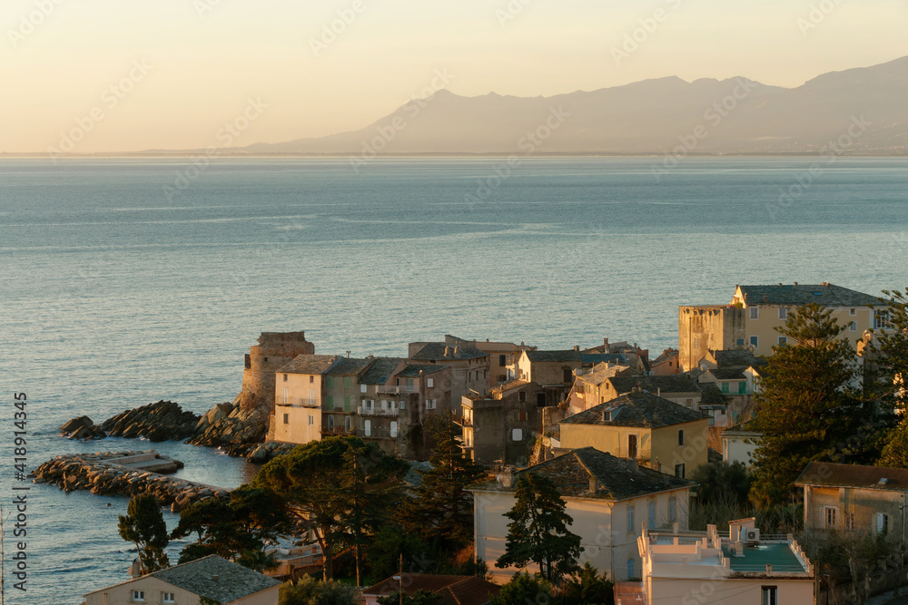 View of  the village of Erbalunga at sunrise, Cap Corse in Corsica, France