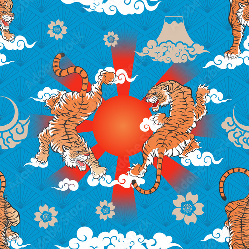 Seamless Art Japanese Repeat Pattern Colorful Theme Triple Tigers Climbing with The Sun with Radiant  Sakura  and Different Cloud Shape on  Diamond Pattern Blue Background Design for Wrapping Paper