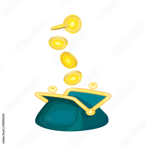 Opened purse with gold coins raining to open wallet isolated on white background. Falling gold coins and wallet.Money rain. Symbol of wealth. Business success. Family finance.Stock vector illustration
