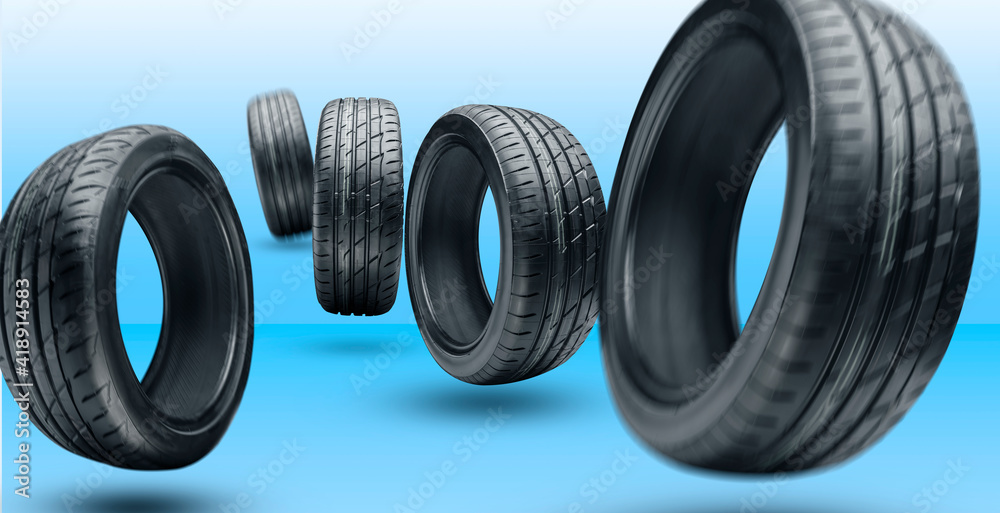several summer tires close-up. to illustrate the business of selling tires or seasonal wheel changes several summer tires close-up. to illustrate the business of selling tires or seasonal wheel changes