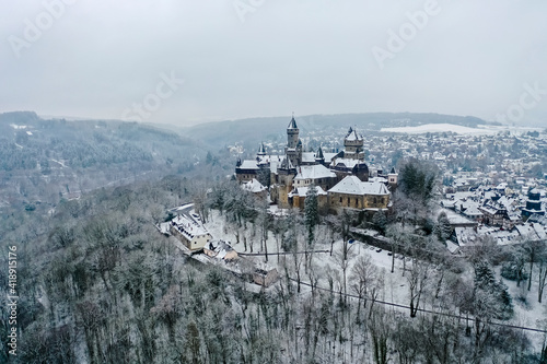 Braunfels Castle in Winter with snow, with Hubertus Tower, New Keep, Georgen Tower and Alter Stock, Braunfels, Hesse, Germany,