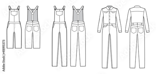 Set of Dungarees Denim overall jumpsuit technical fashion illustration with full knee length, normal waist, high rise, pockets, Rivets. Flat front back, white color style. Women, men unisex CAD mockup photo