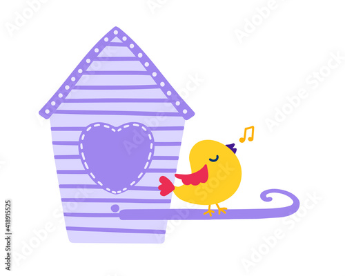 Cute bird singing a song at the bird house. Vector