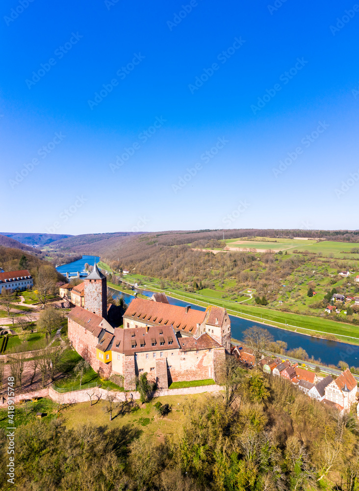 Aerial view, Rothenfels Castle, Rothenfels am Main, Spessart, Franconia, Bavaria, Germany,