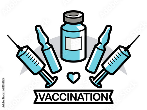 Vaccination theme vector illustration of a syringe with ampules and vial isolated over white, epidemic or pandemic coronavirus covid 19 or flu or SARS or any other vaccine, pharmacology concept.