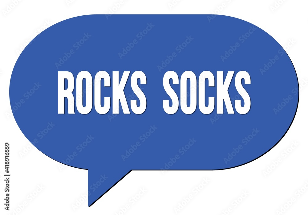 ROCKS SOCKS text written in a blue speech bubble ROCKS SOCKS text written in a blue speech bubble