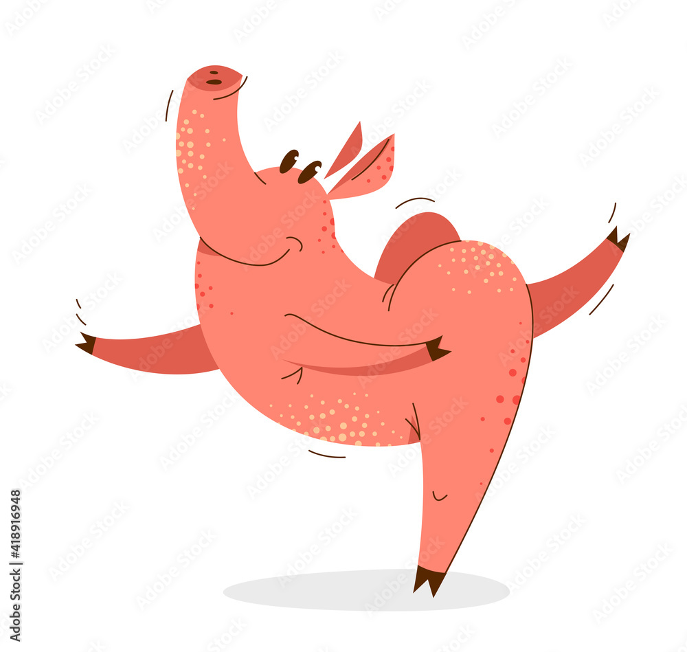 Funny cartoon pig dancing like a ballet vector illustration, active happy enjoying animal swine character drawing.