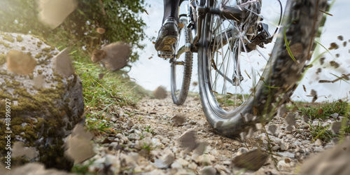 Fotobehang Mountain bike wheel on a gravel track