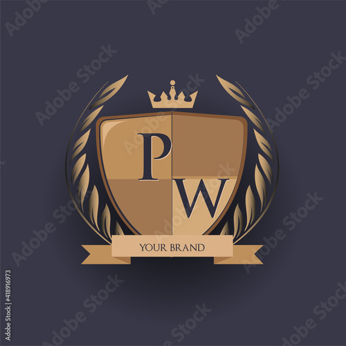 initial letter PW logotype colored brown and gold isolated with shield, crown and laurel design, logo for college and sport club.