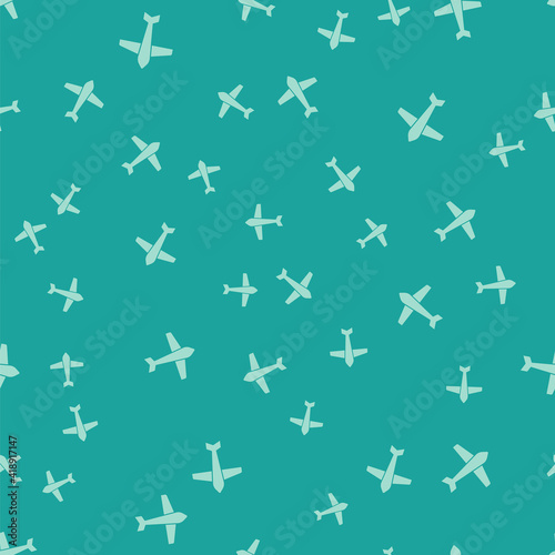 Green Jet fighter icon isolated seamless pattern on green background. Military aircraft. Vector.