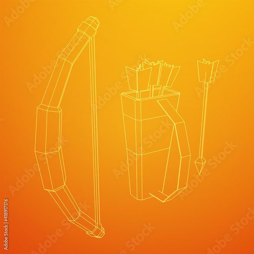 Medieval Bow and arrow archer weapon. Wireframe low poly mesh vector illustration.