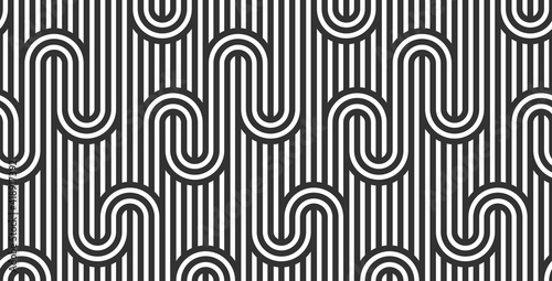 Lined seamless vector pattern with twisted lines, geometric abstract background, stripy net, optical maze, web network. Black and white design.