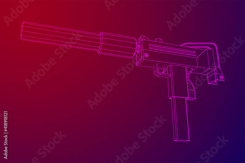 Submachine gun modern firearms pistol with silencer. Wireframe low poly mesh vector illustration.