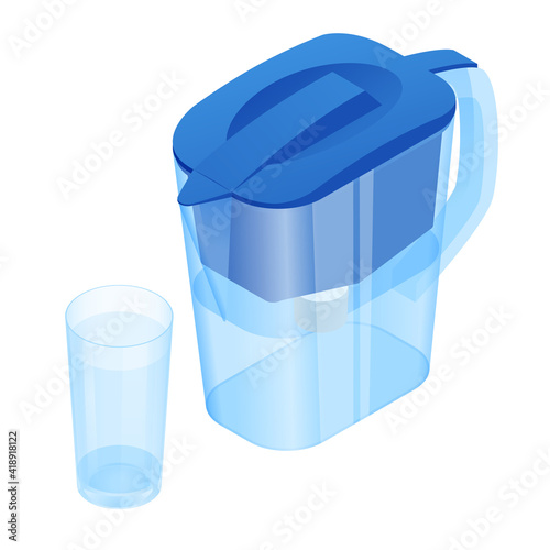 Isometric Blue Water Filter Jug with Cartridge Isolated on White Background. Household Water Filter Jug in the form of a Filter Element for Cleaning the Inside of Potable Water
