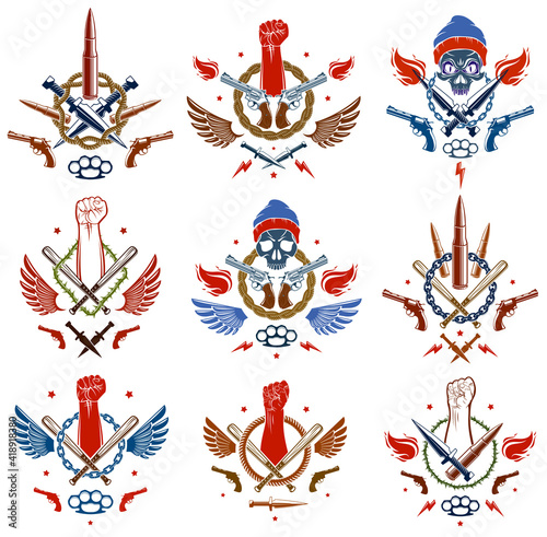 Anarchy and Chaos aggressive emblem or logo with strong clenched fist, aggressive skull, bullets and guns, weapons and different design elements , vector tattoo, rebel and revolutionary.