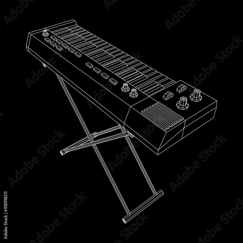 Piano roll analog synthesizer faders buttons knobs. Wireframe low poly mesh vector illustration.