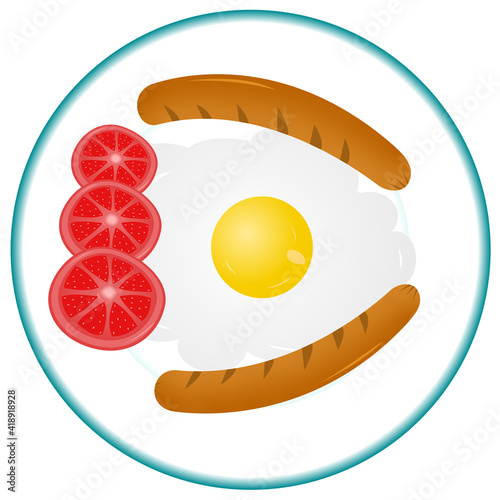 Morning breakfast with fried egg and yolk, brown sausages and tomato on a white plate with blue edges