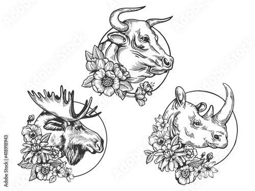 Bull Rhinoceros Moose heads animal set tattoo with flowers sketch engraving vector illustration. T-shirt apparel print design. Scratch board imitation. Black and white hand drawn image.
