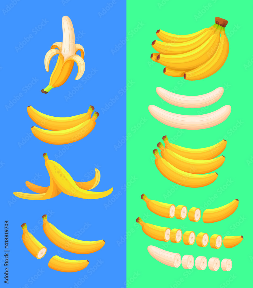 Banana set with whole and half peeled bananas and cut vector illustration. Banana set with whole and half peeled bananas and cut vector illustration.
