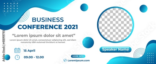 Business conference banner design. Horizontal banner design with abstract fluid shape. Flat design vector with a photo collage.