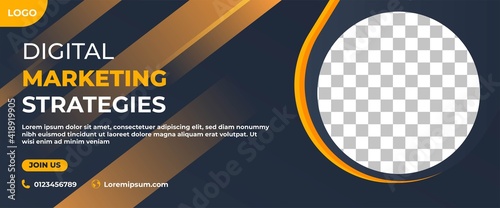 Digital marketing banner design template. Modern business web banner with abstract yellow shape. Vector design with place for the photo.