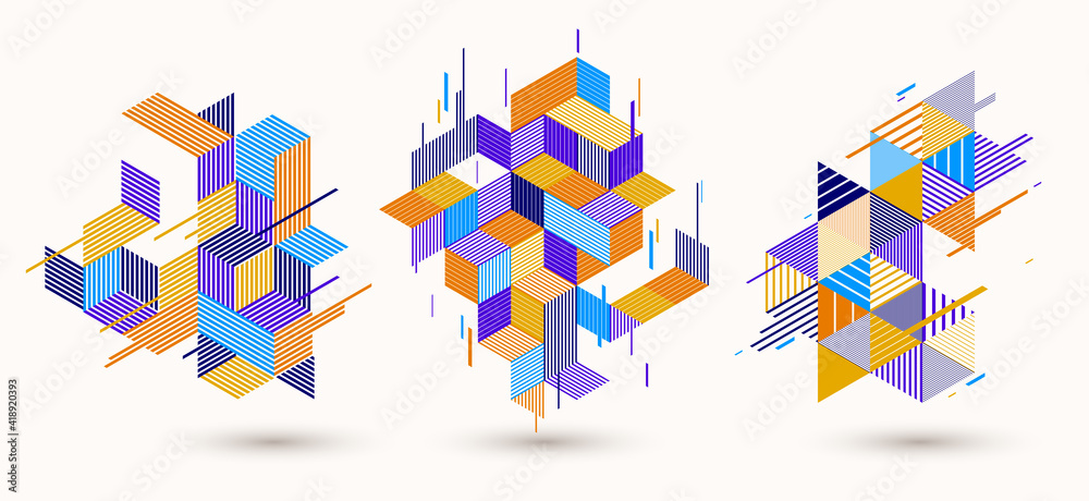 Line design 3D cubes and triangles abstract backgrounds set, polygonal low poly isometric retro style templates. Stripy graphic elements isolated. Templates for posters or banners, covers or ads. - obrazy, fototapety, plakaty 