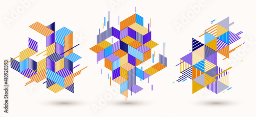 Line design 3D cubes and triangles abstract backgrounds set, polygonal low poly isometric retro style templates. Stripy graphic elements isolated. Templates for posters or banners, covers or ads.