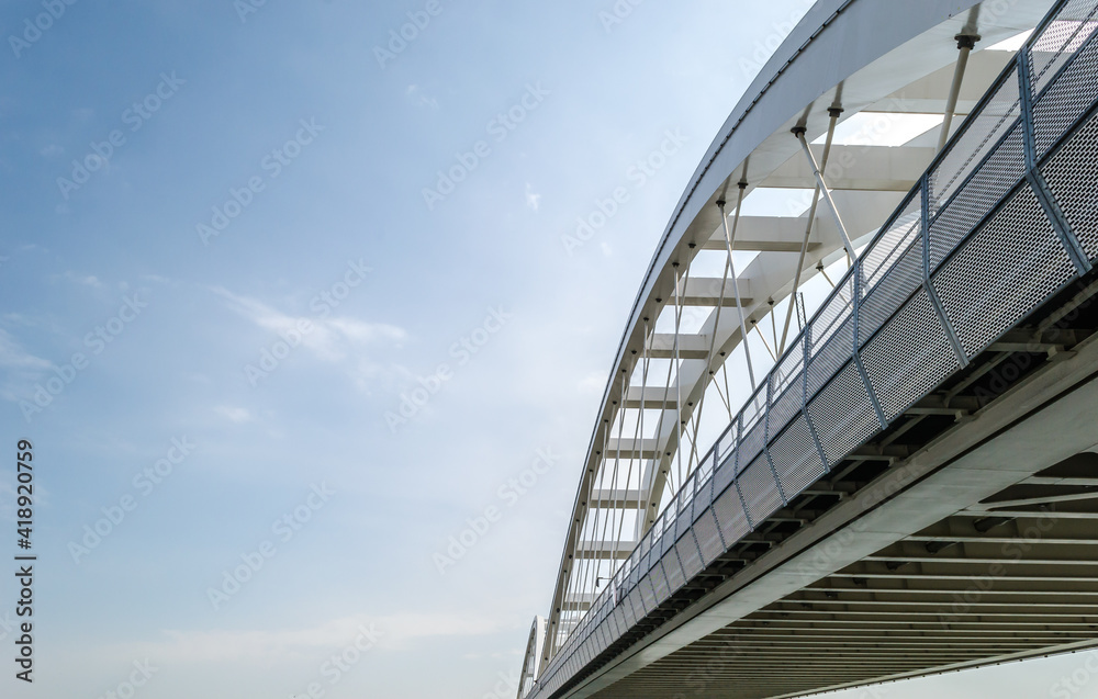 Fototapeta premium Novi Sad, Serbia - March 08. 2021: Zezelj bridge on river Danube in Novi Sad Serbia. The prospect of built New Zezelj Bridge viewed from the Petrovaradin side of the promenade.