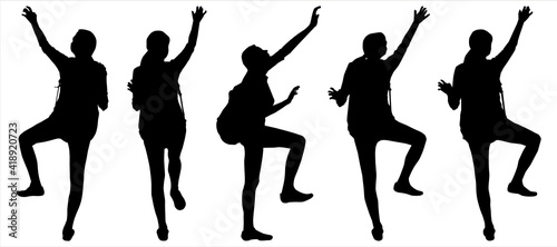Five poses of the woman who clambers up. Black silhouettes the girl with a tail on the head and with a backpack rises in top. Climber looks up, stretches hand up, rests on leg. Side view, full face.