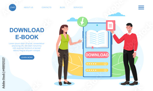 Male and female characters are downloading e-books to their smartphone. Choose a book to download and read on smartphone. Website, web page, landing page template. Flat cartoon vector illustration