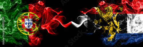 Portugal, Portuguese vs Benelux smoky mystic flags placed side by side. Thick colored silky abstract smoke flags.