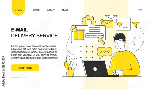 Young male character ordering email delivery on laptop. Concept of email delivery service. Present is delivered with email. Website, web page, landing page template. Flat cartoon vector illustration