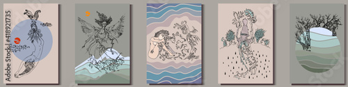 Set of artistic hand-drawn graphic posters. Mermaids, bird with woman's head, wood nymph and earth shaped forest. Vector Illustration 